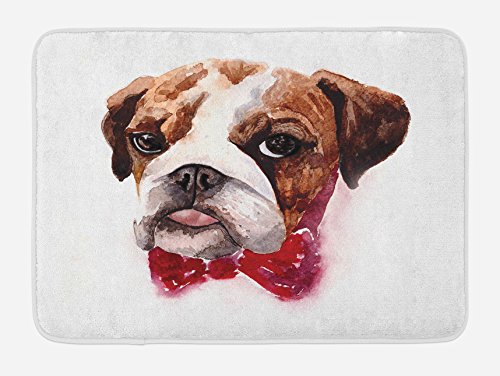 Ambesonne Badematte mit englischer Bulldogge, Aquarell-Hundeporträt mit Fliege, Pinselstrich-Effekt, Plüsch-Badezimmerdekormatte mit Rutschfester Unterseite, 74,9 x 44,5 cm, Schwarzbraun von Ambesonne
