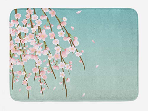 Ambesonne Badematte mit weinender Blume, frisch blühende Kirschblütenzweige Knospen, Plüsch-Badezimmerdekormatte mit rutschfester Unterseite, 76,7 x 50,8 cm, Minzblassrosa und Taupe von Ambesonne