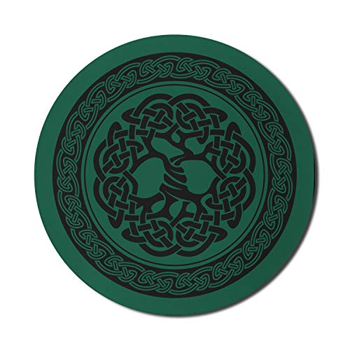 Ambesonne Celtic Mousepad für Computer, Einfarbig Baum des Lebens Illustration Zeitloses europäisches Motiv Rund Rutschfest Dickes Gummi Modern Gaming Mousepad 8" Rund Waldgrün von Ambesonne
