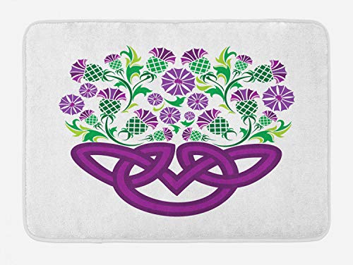 Ambesonne Distel-Badematte, keltischer Knoten und Distelpflanze in Korbform mit Blumen, Plüsch-Badezimmerdekormatte mit rutschfester Unterseite, 76,7 x 50,8 cm, Kleeblatt-Grün-Violett von Ambesonne
