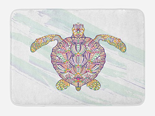 Ambesonne Ethnische Badematte, Motive auf einer Muschel einer Meeresschildkröte, buntes Blumendesign, Unterwassertier, Plüsch-Badezimmerdekormatte mit rutschfester Unterseite, 74,9 x 44,5 cm, Blaugrün von Ambesonne