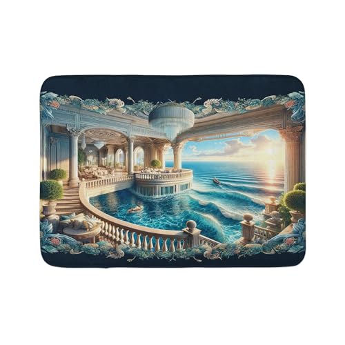 Ambesonne Fantasy World Badematte, Surreal Palace Balkon zum Ozean, digitale 3D-Illustration, Plüsch-Badezimmerdekormatte mit rutschfester Unterseite, 76,7 x 50,8 cm, Dunkeltürkis und Ecru von Ambesonne