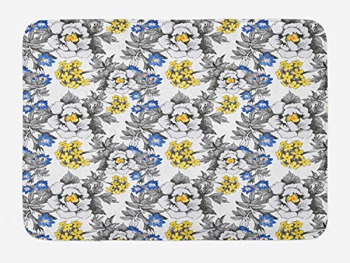 Ambesonne Garten-Badematte, romantische Pfingstrosen-Hortensien und blau-Violette Blüten im Skizzenkunst-Stil, Plüsch-Badezimmerdekormatte mit Rutschfester Unterseite, 74,9 x 44,5 cm, Graugelb von Ambesonne