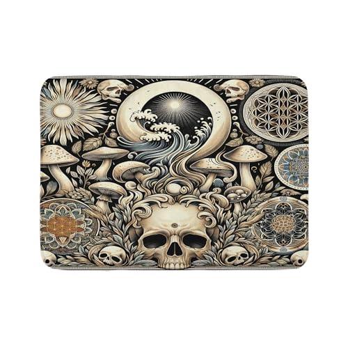 Ambesonne Gothic Art Badematte, versteckte Illustration von Pilzschädeln und Mandala-Motiven, Plüsch-Badezimmerdekormatte mit rutschfester Unterseite, 76,7 x 50,8 cm, Eierschale und Anthrazit von Ambesonne