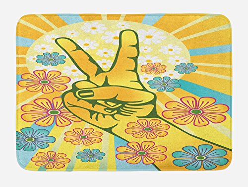 Ambesonne Groovy Badematte, handgestikulierend, Frieden mit Blumen und Sonnenstrahlen, flippige moderne Kunst, Plüsch-Badezimmerdekormatte mit rutschfester Unterseite, 76,7 x 50,8 cm, Gelb / Blau von Ambesonne