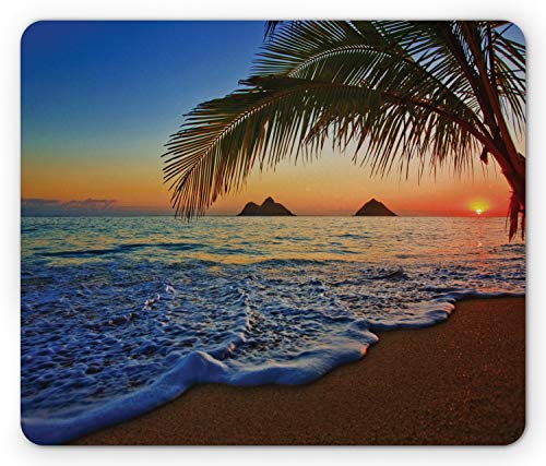Ambesonne Hawaii-Mauspad, Pacific Sunrise at Lanikai Beach Hawaii Colorful Sky Wave Ocean Surface Scene, Rechteckiges Anti-Rutsch-Mauspad, Standard-Größe, Blau Elfenbein von Ambesonne