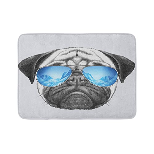 Ambesonne Mops-Badematte, Hundeporträt, Spiegel-Sonnenbrille, handgezeichnete Illustration von Haustiertieren, lustig, Plüsch-Badezimmerdekormatte mit rutschfester Unterseite, 76,7 x 50,8 cm Ambesonne Mops-Badematte, Hundeporträt, Spiegel-Sonnenbrille, handgezeichnete Illustration von Haustiertieren, lustig, Plüsch-Badezimmerdekormatte mit rutschfester Unterseite, 76,7 x 50,8 cm von Ambesonne