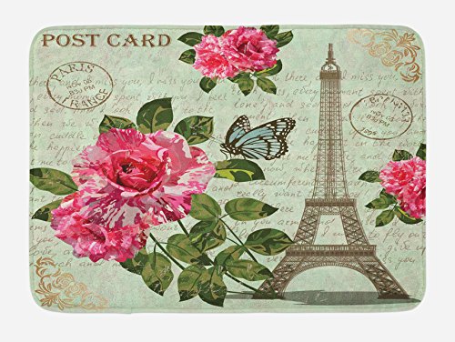 Ambesonne Paris Badematte, Shabby-Form, romantische Rosen, Blumen, Blätter mit Eiffelturm und abstraktem Schriftzug, Plüsch-Badezimmerdekormatte mit rutschfester Unterseite, 76,7 x 50,8 cm, Minzgrün von Ambesonne