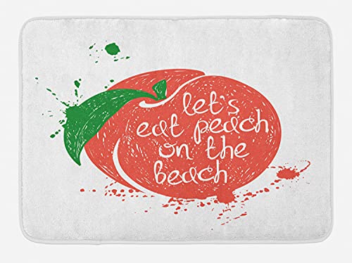 Ambesonne Pfirsich-Badematte, weiches Obst-Design mit Stiel und Blatt, Lets Eat Peach on the Beach, lustige Worte, Plüsch-Badezimmerdekormatte mit rutschfester Unterseite, 76,7 x 50,8 cm, Korallenweiß von Ambesonne