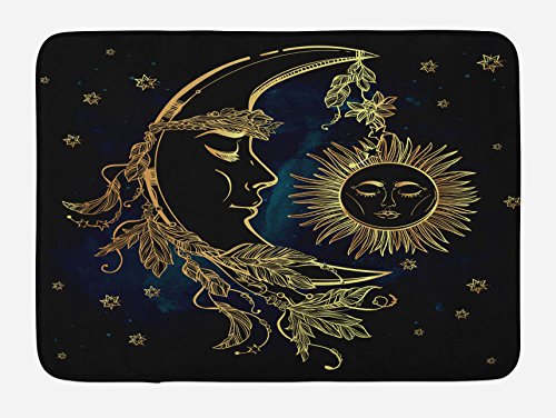 Ambesonne Psychedelische Badematte, Halbmond mit Boho-Federn, Alchemie, magisches ägyptisches Mythos-Design, Plüsch-Badezimmer-Dekormatte mit rutschfester Unterseite, 76,7 x 50,8 cm, Gelb Petrolblau von Ambesonne
