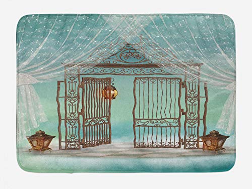 Ambesonne Retro-Badematte, alte Tür und Vorhang auf kariertem Boden, digitale Computergrafik, Plüsch-Badezimmer-Dekormatte mit rutschfester Unterseite, 76,7 x 50,8 cm, Blaugrün/Weiß von Ambesonne