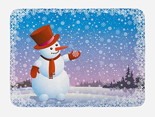 Ambesonne Schneemann-Badematte, Cartoon-Schneemann mit Blick auf die Schneeflocke, eisige Winterlandschaft, immergrüne Hölzer, Plüsch-Badezimmerdekormatte mit rutschfester Unterseite, 76,7 x 50,8 cm von Ambesonne