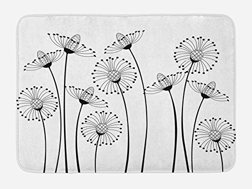 Ambesonne Schwarz-weiße Badematte, Wiesenblumen mit abstraktem Löwenzahn in Landkunst, Plüsch-Badezimmerdekormatte mit rutschfester Unterseite, 76,7 x 50,8 cm, Schwarz / Elfenbein von Ambesonne