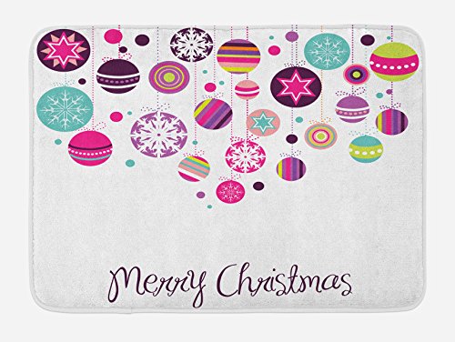Ambesonne Weihnachts-Badematte, bunte Grafikkugeln, Retro-Schneeflocken-Ornamente, Feier, Handschrift, Plüsch-Badezimmerdekormatte mit rutschfester Unterseite, 76,7 x 50,8 cm, rosa Meeresschaum von Ambesonne