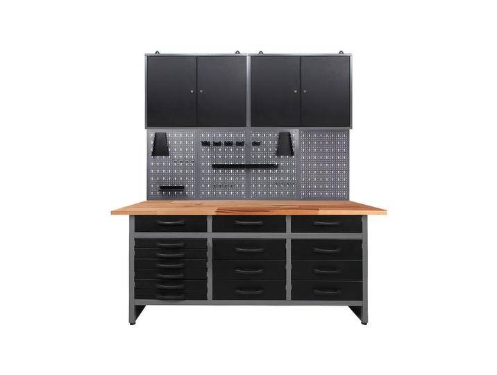Ambia Garden WERKBANKSET, Anthrazit, Grau, Holz, Metall, Buche, 15 Schubladen, 160x205x60 cm, FSC, Freizeit, Heimwerken, Werkstatt von Ambia