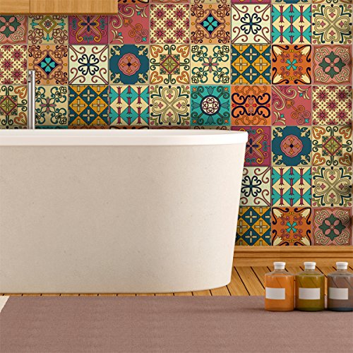 16 selbstklebende Fliesenaufkleber | Zementfliesenaufkleber - Mosaik Wandfliesen für Bad und Küche | Klebezementfliesen - Azulejos - 10x10cm - 16 Stück von Ambiance Sticker