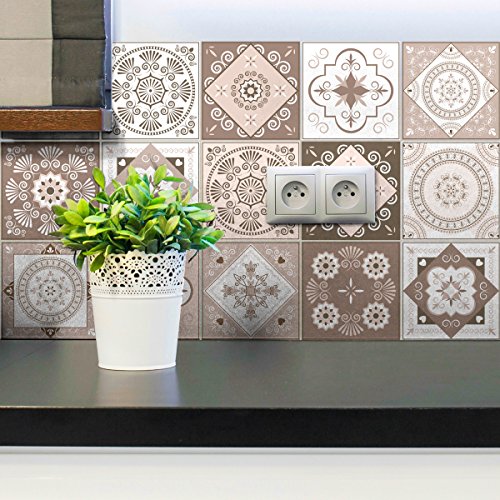 15 selbstklebende Fliesenaufkleber | Aufkleber Zementfliesen – Mosaik Wandfliesen Bad und Küche | Zementfliesen selbstklebend – azulejos – 10 x 10 cm – 15 Stück von Ambiance Sticker