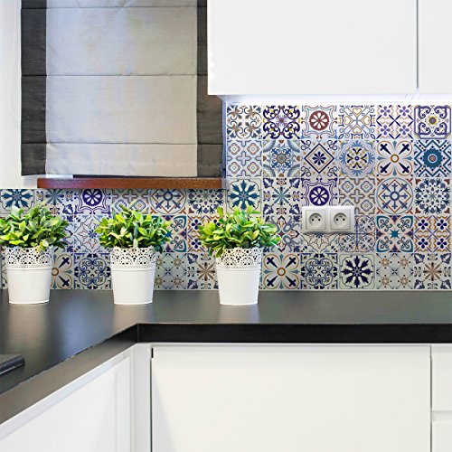 30 selbstklebende Fliesenaufkleber | Zementfliesen – Mosaik Wandfliesen für Bad und Küche | Zementfliesen selbstklebend – Azulejos – 10 x 10 cm – 30 Stück von Ambiance Sticker