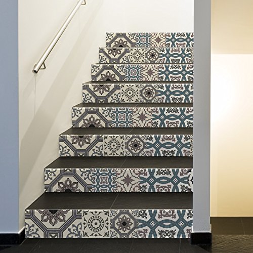 Aufkleber Treppe Fliesen | Sticker Selbstklebend contremarche kariert von Zement – Sticker contremarche Fliesen | Treppe kariert von Zement Klebeband – AZULEJOS – 15 x 105 cm – 6 Streifen von Ambiance Sticker