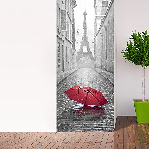 Wandtattoo Tür – Regenschirm in eine Straße von Paris – 204 x 83 cm von Ambiance Sticker