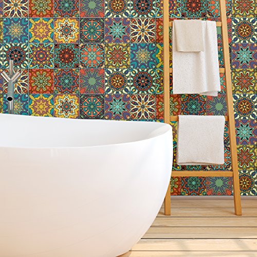 15 selbstklebende Fliesenaufkleber | Aufkleber Zementfliesen – Mosaik Wandfliesen für Bad und Küche | Zementfliesen selbstklebend – Azulejos – 10 x 10 cm – 15 Stück von Ambiance Sticker