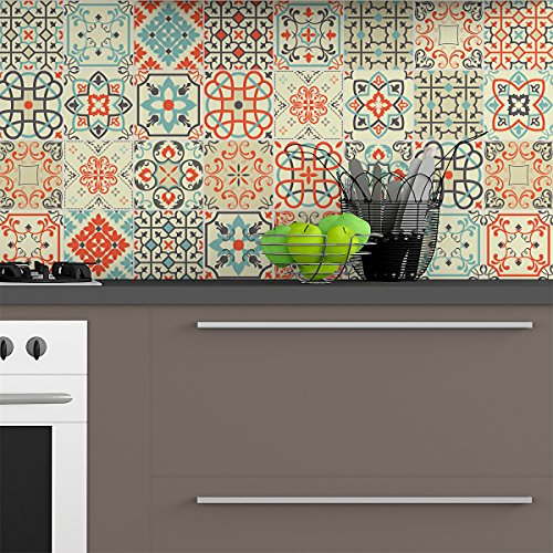 30 selbstklebende Fliesenaufkleber | Zementfliesenaufkleber - Mosaik Wandfliesen für Bad und Küche | Klebezementfliesen - Azulejos - 20 x 20 cm - 30 Stück von Ambiance Sticker