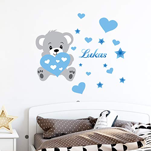 Personalisierbare Namensaufkleber | Sticker Bär | Wanddeko Kinderzimmer | 2 Bögen 30 x 35 cm und 50 x 30 cm – Farbton Blau von Ambiance Sticker