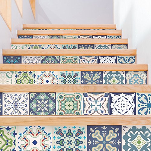Aufkleber Treppe Fliesen | Sticker Selbstklebend contremarche kariert von Zement – Sticker contremarche Fliesen | Treppe kariert von Zement Klebeband – AZULEJOS – 15 x 105 cm – 4 Streifen von Ambiance-Live