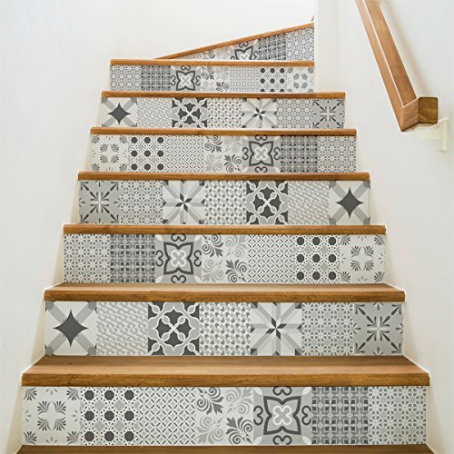 Selbstklebende Aufkleber Treppe Fliesen | Aufkleber Kontremarch Zementfliesen - Aufkleber Konterbogen Fliesen | Treppe Zementfliesen selbstklebend - azulejos - 15 x 105 cm - 2 Streifen von Ambiance Sticker