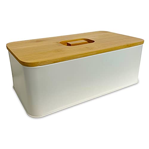 Ambico Brotkasten ALVA PRO Brotaufbewahrung aus Metall in Creme Farbe mit Bambus Deckel - Maße (L/B/H): 33,5 x 18,5 x 12,5 cm - Brotbox von Ambico