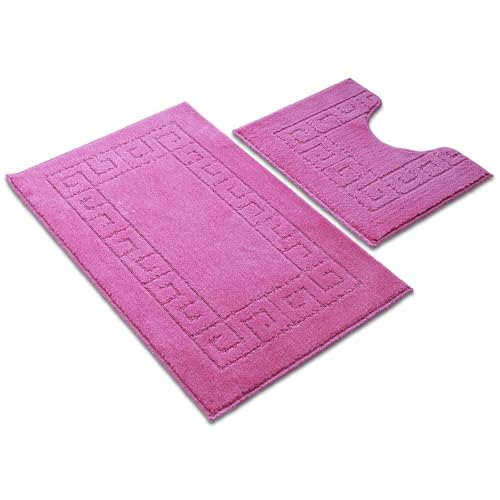 Ambience Products Badematten mit griechischem Schlüsselmuster, rutschfest, weich, waschbar, schnell trocknend, wasserabsorbierend, Badezimmer-Duschmatte und WC-Vorleger, 2-teiliges Set, Rosa von Ambience Products