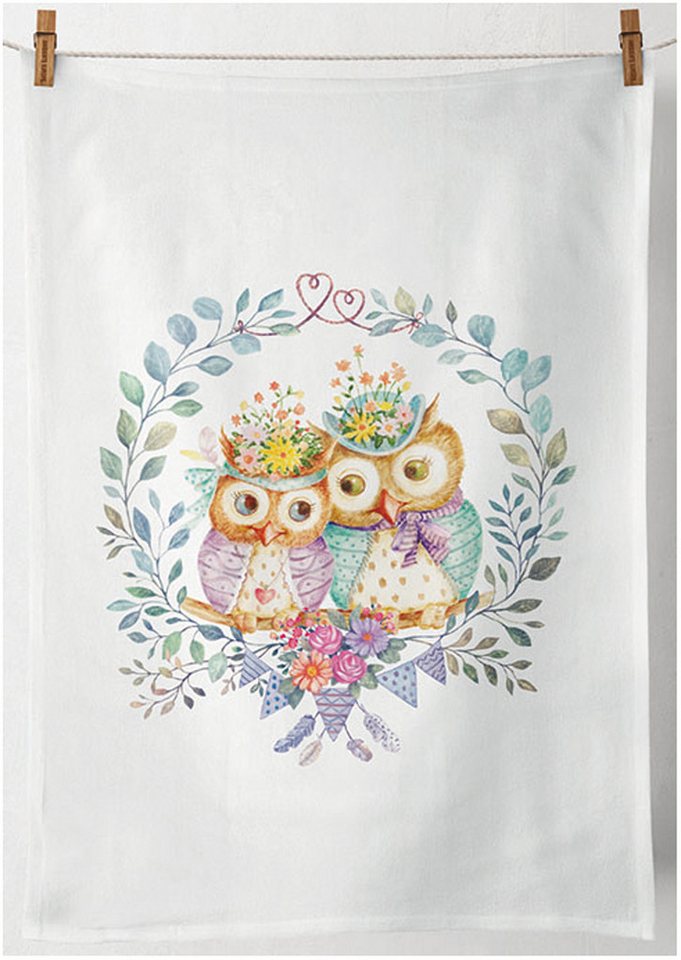 Ambiente® Geschirrtuch Owl couple in love, (2-tlg., 2-teilig), Geschirrtücher ca.50x70cm Baumwolle von Ambiente®