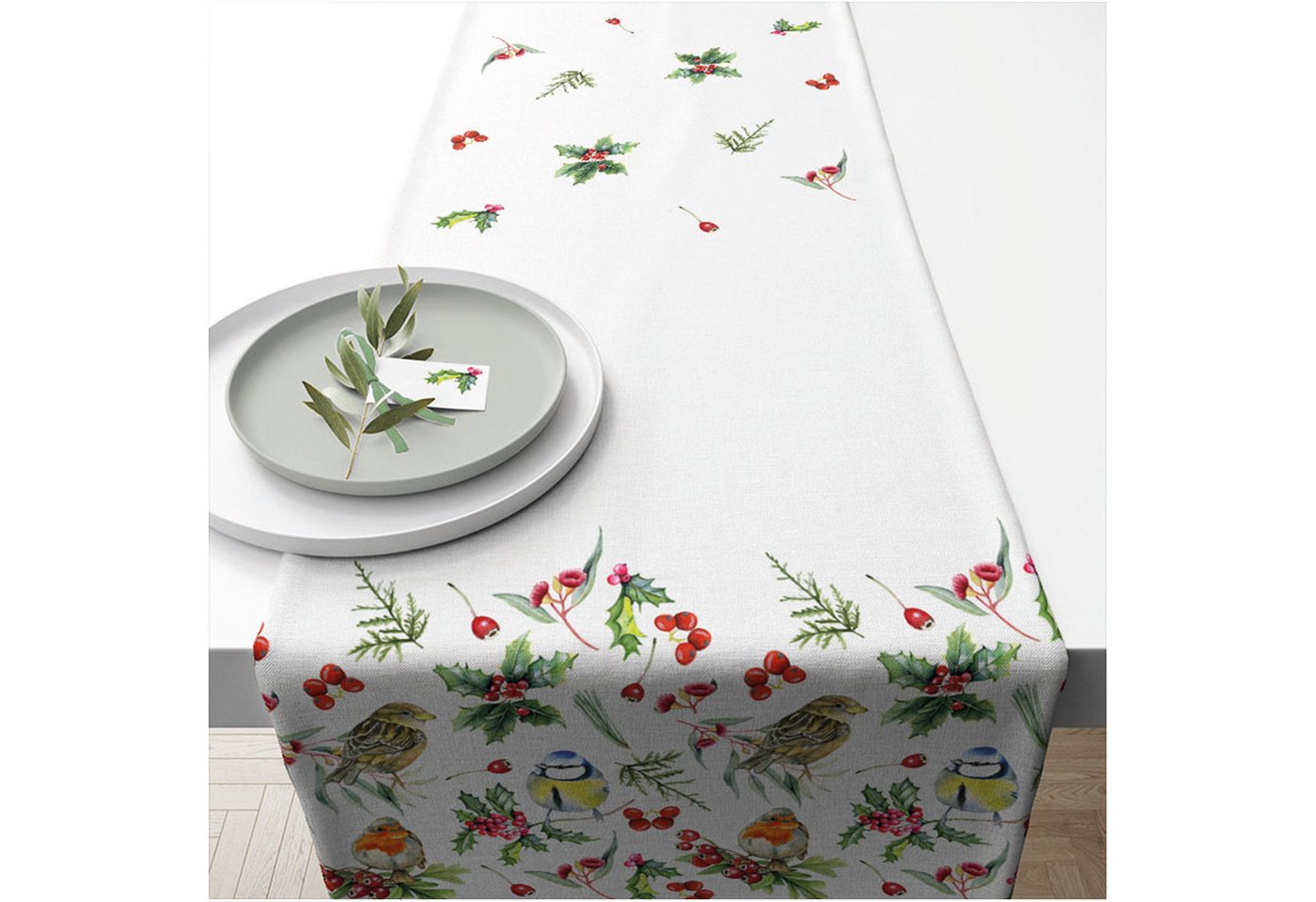Ambiente® Tischläufer Birds in winter (1-tlg, 1-teilig), Tischläufer Tischdecke ca.40x150cm Baumwolle von Ambiente®