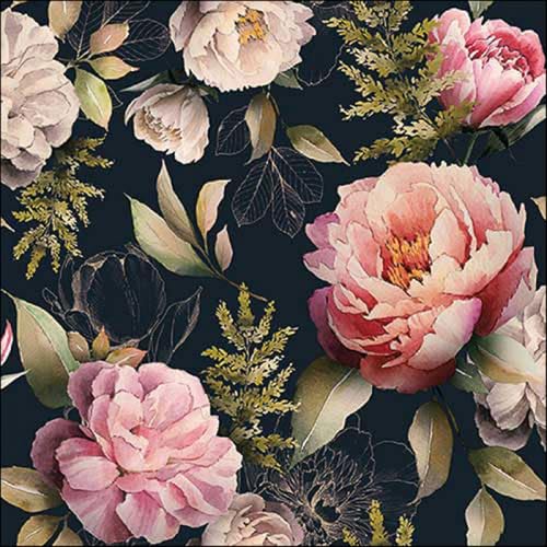 20 Servietten Blumen Zahlreiche Pfingstrosen auf schwarz als Tischdeko. Papierservietten mit Motiv. Auch für Decoupage und Serviettentechnik 33x33cm von Ambiente