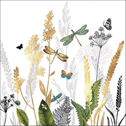 20 Servietten Naturbelassene Wiese mit Libellen weiß | Gräser | Blumen | Wiese | Sommer | Tischdeko | Decoupage | Serviettentechnik 33x33cm von Ambiente