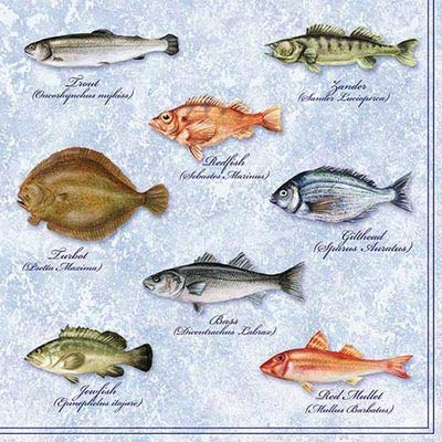 Ambiente 20 St. Servietten Papierservietten 3-lagig Seafood Fishes Fische Blau Weiss 33 x 33 cm von Ambiente