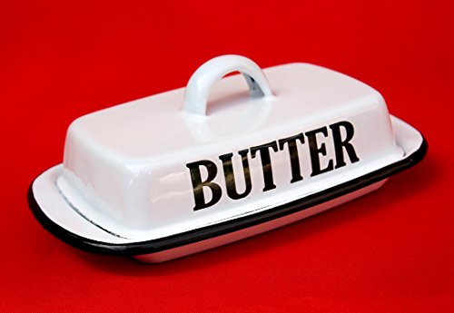 Ambiente Haus Retro Butterdose 51230 Emaille Weiß Butterschale Vintage Butterglocke emailliert von Ambiente