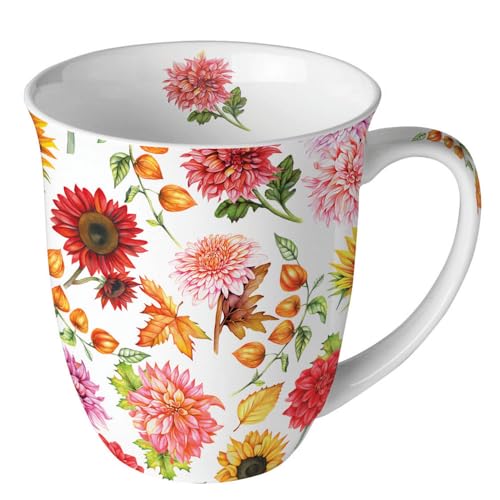 Ambiente Kaffeetasse Henkelbecher Teetasse Jumbotasse 0,4 l Fine Bone China Porzellan bunte Blumen und Blätter Herbst von Ambiente