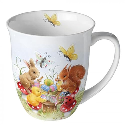 Ambiente Kaffeetasse Henkelbecher Teetasse Mug 0,4 l Fine Bone China Porzellan Osterhasen Ostern Serie painting class von Ambiente