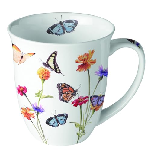 Ambiente Kaffeetasse Henkelbecher Teetasse Mug 400ml Fine Bone China Porzellan Schmetterlinge Blumen Garten Floral Serie Butterfly garden von Ambiente