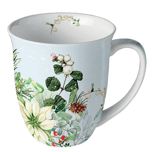 Ambiente Kaffeetasse Teetasse Becher mug 0,4 l Fine Bone China Porzellan Poinsettia weiß Blumen Zweige Winter Weihnachten Advent von Ambiente