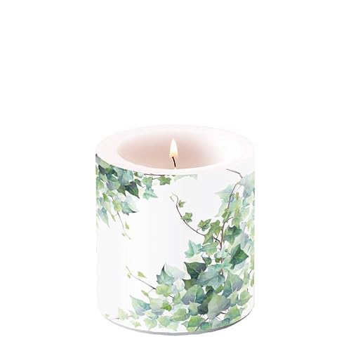 Ambiente Kerze Blumen Grüner Efeu auf weiß als Tischdeko. Motivkerze rund klein für den gedeckten Tisch Ø7,5 x 9cm von Ambiente