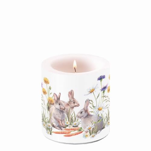 Ambiente Kerze Ostern Hasen mit Mhren im Gras als Tischdeko. Motivkerze rund klein fr den gedeckten Tisch 7,5 x 9cm (Unparfmiert) von Ambiente