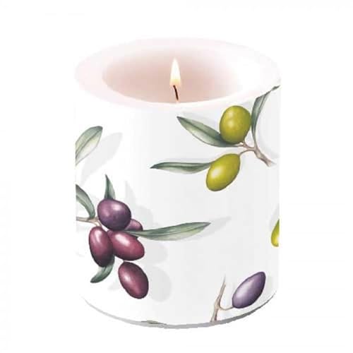 Ambiente Kerze Stumpenkerze Wachswindlicht 10 cm hoch 45h Brenndauer Oliven und Zweige Mediterran delicious olives von Ambiente
