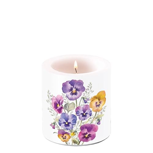 Ambiente Kerze Stumpenkerze Wachswindlicht 9 cm hoch Brenndauer ca 35h Blumen Frühling Sommer Garten Stiefmütterchen Dekorationskerze Serie pansies von Ambiente
