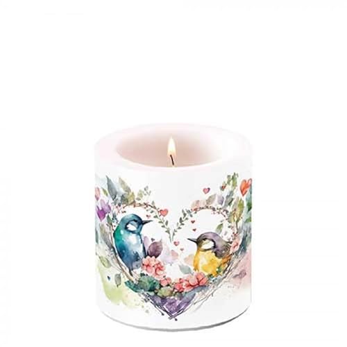 Ambiente Kerze Stumpenkerze Wachswindlicht 9 cm hoch Brenndauer ca 35h verliebtes Vogelpaar Frühling Sommer Garten Dekorationskerze Serie loving birds von Ambiente