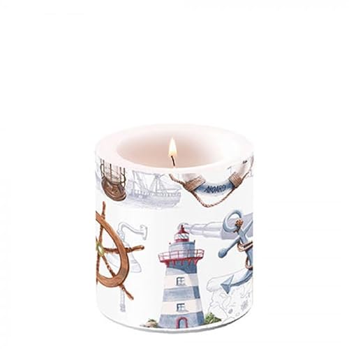 Ambiente Kerze Windlicht Maritim Nautik Leuchtturm Anker Blau Braun 9cm Hoch 7,5cm Ø Deko von Ambiente