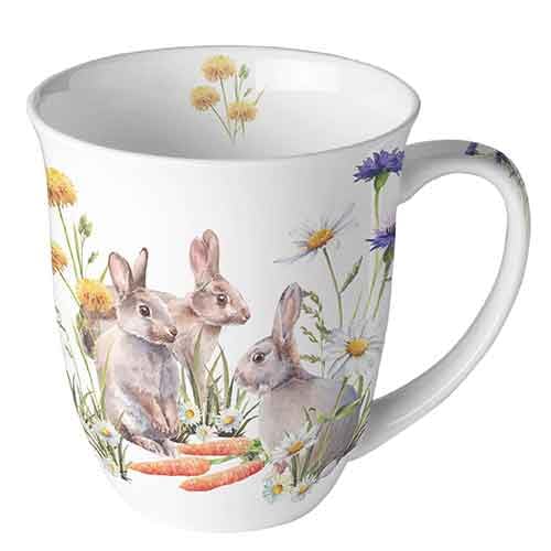 Ambiente Porzellan Tasse ca. 400ml Becher Bone China Mug Für Tee Oder Kaffee Floral Ostern Frühjar Hasen Carrot treat von Ambiente