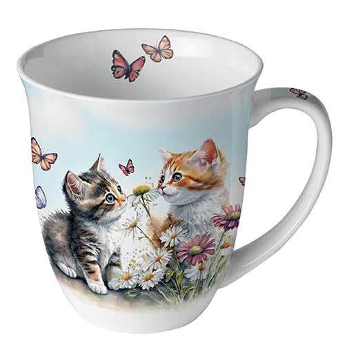 Ambiente Porzellan Tasse ca. 400ml Becher Bone China Mug Für Tee Oder Kaffee Frühjahr Sommer Kittens in flower field von Ambiente