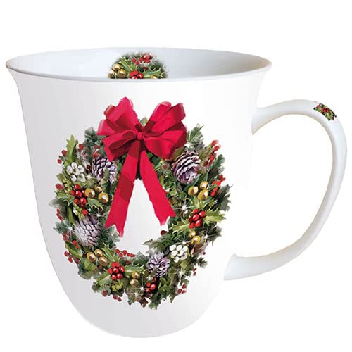 Ambiente Porzellan Tasse ca. 400ml Becher Bone China Mug Für Tee Oder Kaffee Herbst Winter Weihnachten Bow On Wreath von Ambiente